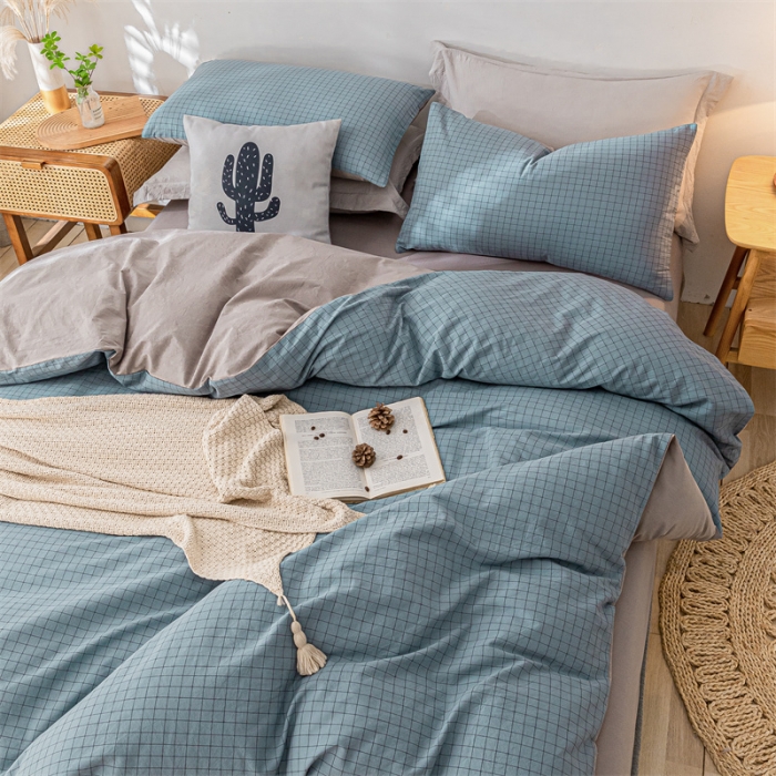 91家纺网 家纺一手货源 找家纺 蓝巢家纺 2021新款全棉色织水洗棉单被套 雾蓝小格