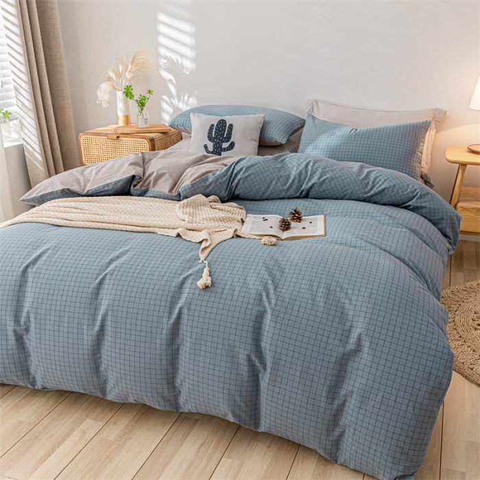 91家纺网 家纺一手货源 找家纺 蓝巢家纺 2021新款全棉色织水洗棉单被套 雾蓝小格