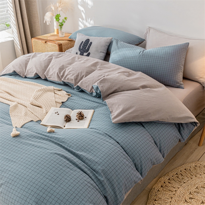 91家纺网 家纺一手货源 找家纺 蓝巢家纺 2021新款全棉色织水洗棉单被套 雾蓝小格