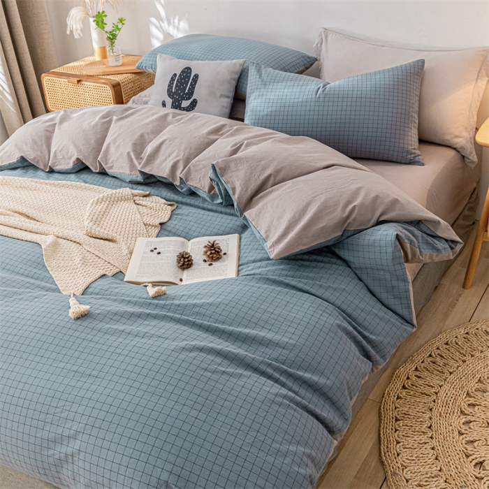 91家纺网 家纺一手货源 找家纺 蓝巢家纺 2021新款全棉色织水洗棉单被套 雾蓝小格
