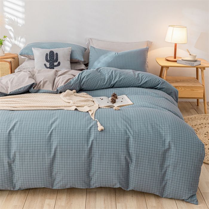 91家纺网 家纺一手货源 找家纺 蓝巢家纺 2021新款全棉色织水洗棉单被套 雾蓝小格