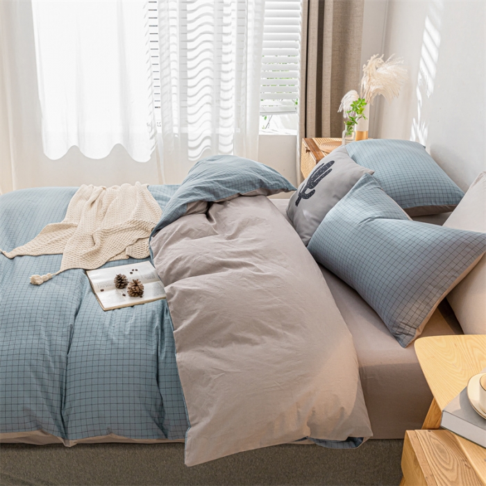 91家纺网 家纺一手货源 找家纺 蓝巢家纺 2021新款全棉色织水洗棉单被套 雾蓝小格