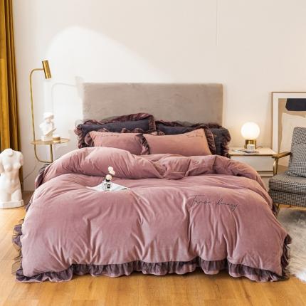 91家纺网 家纺一手货源 找家纺 蓝巢家纺 2021新款水晶绒蕾丝边四件套 绒-豆沙