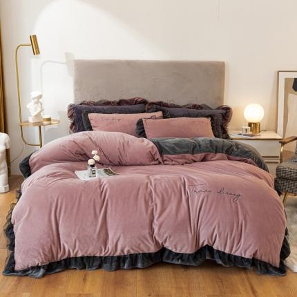 91家纺网 家纺一手货源 找家纺 蓝巢家纺 2021新款水晶绒蕾丝边四件套 绒-豆沙深灰