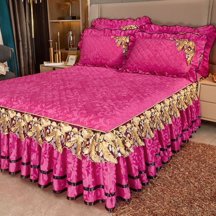 91家纺网 家纺一手货源 找家纺 网红馆2025新款天鹅绒夹棉单床裙 浅忆拾光-玫红