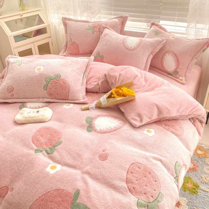 91家纺网 家纺一手货源 找家纺 川悦生活 2021新款立体雪花绒四件套直播供货 小草莓粉