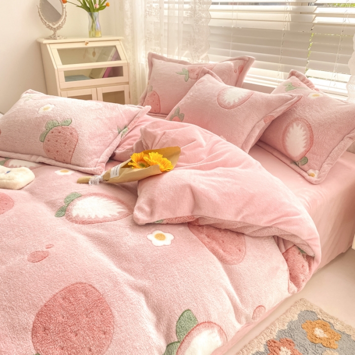 91家纺网 家纺一手货源 找家纺 川悦生活 2021新款立体雪花绒四件套直播供货 小草莓粉