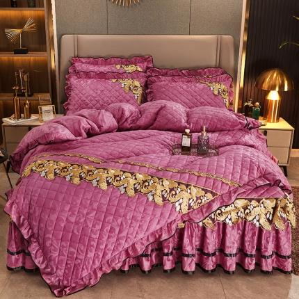 网红馆2025新款天鹅绒夹棉床裙四件套 浅忆拾光-胭脂粉