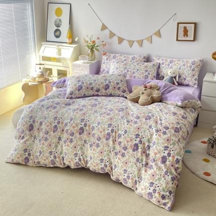 91家纺网 家纺一手货源 找家纺 优彩  2021新款200克高克重印花牛奶绒四件套 樱花紫