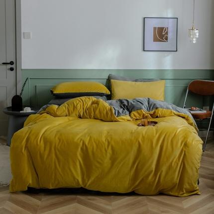 91家纺网 家纺一手货源 找家纺 北欧良品 2021新款纯色天鹅绒双拼款四件套 姜黄+深灰