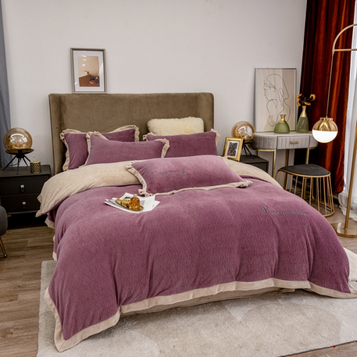 91家纺网 家纺一手货源 找家纺 骏腾 2022新款酒店风雕花牛奶绒刺绣款四件套-浪漫满屋 豆沙