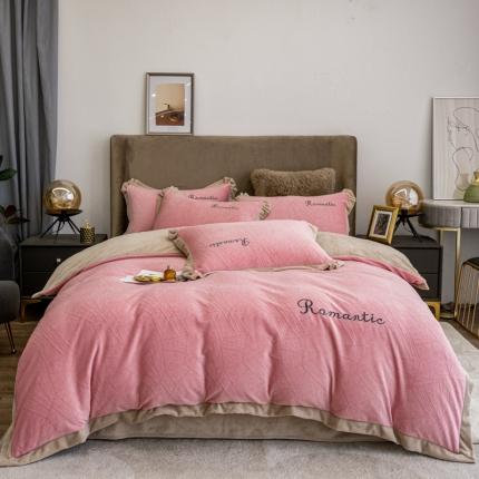 骏腾 2022新款酒店风雕花牛奶绒刺绣款四件套-浪漫满屋 樱花粉
