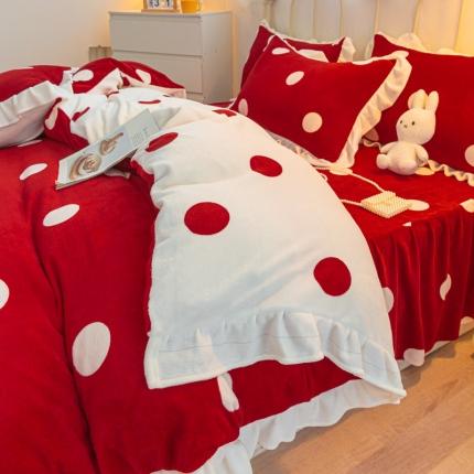 91家纺网 家纺一手货源 找家纺 麦朵 2021新款牛奶绒花边款波点系列四件套 红色白波点