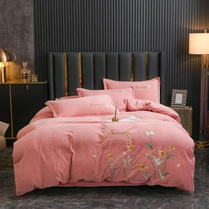 91家纺网 家纺一手货源 找家纺 金米诺 2022新款牛奶绒平绣四件套 花-浅豆沙