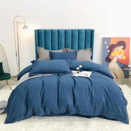 91家纺网 家纺一手货源 找家纺 嘉悦2021新款50*50S双股长绒棉简约纯色埋绳四件套 雾霾蓝