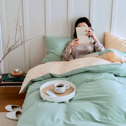 91家纺网 家纺一手货源 找家纺 寐眠 2021新款A类40支全棉撞色四件套 豆绿+奶茶