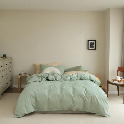 91家纺网 家纺一手货源 找家纺 寐眠 2021新款A类40支全棉撞色四件套 豆绿纯色