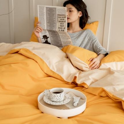 91家纺网 家纺一手货源 找家纺 寐眠 2021新款A类40支全棉撞色四件套 姜黄+奶茶