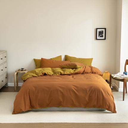 91家纺网 家纺一手货源 找家纺 寐眠 2021新款A类40支全棉撞色四件套 焦糖+苔藓绿