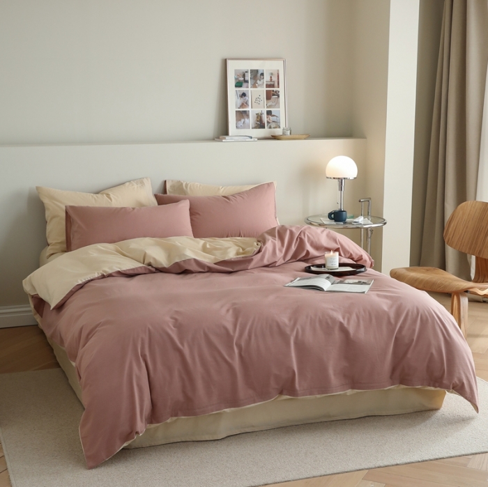 91家纺网 家纺一手货源 找家纺 寐眠 2021新款A类40支全棉撞色四件套 藕粉+奶茶