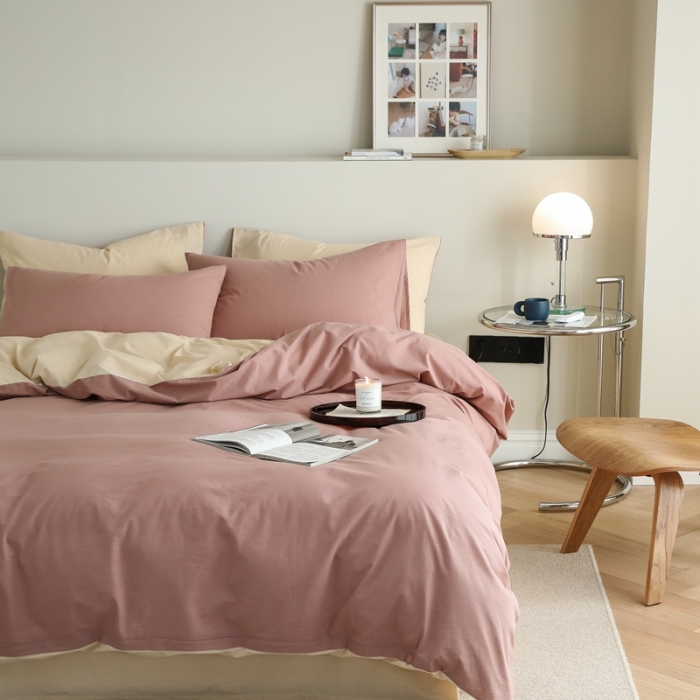 91家纺网 家纺一手货源 找家纺 寐眠 2021新款A类40支全棉撞色四件套 藕粉+奶茶