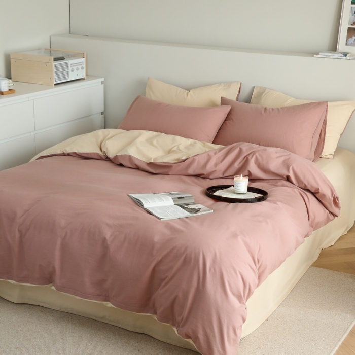 91家纺网 家纺一手货源 找家纺 寐眠 2021新款A类40支全棉撞色四件套 藕粉+奶茶