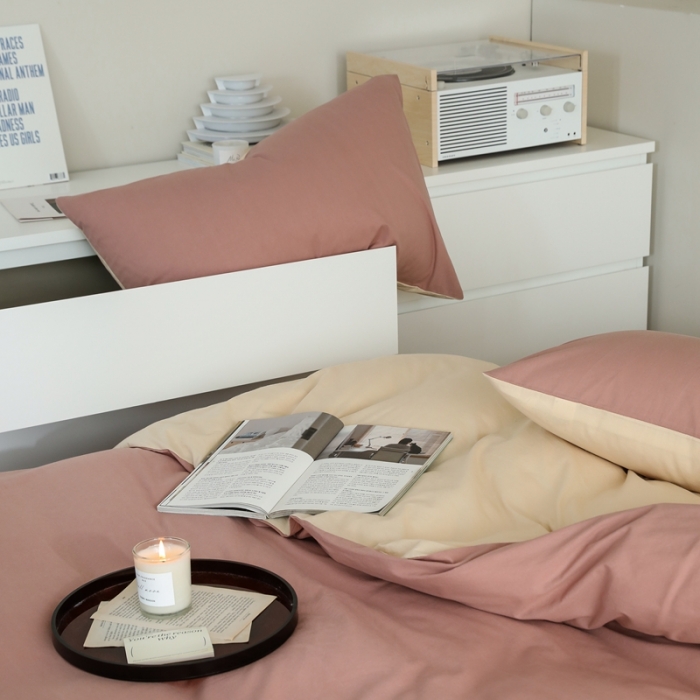 91家纺网 家纺一手货源 找家纺 寐眠 2021新款A类40支全棉撞色四件套 藕粉+奶茶