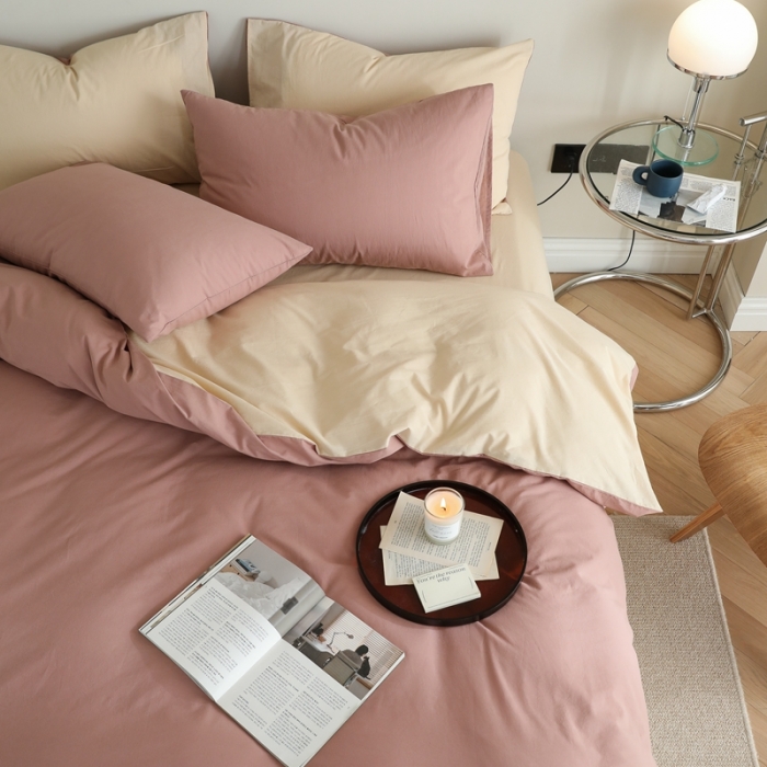 91家纺网 家纺一手货源 找家纺 寐眠 2021新款A类40支全棉撞色四件套 藕粉+奶茶