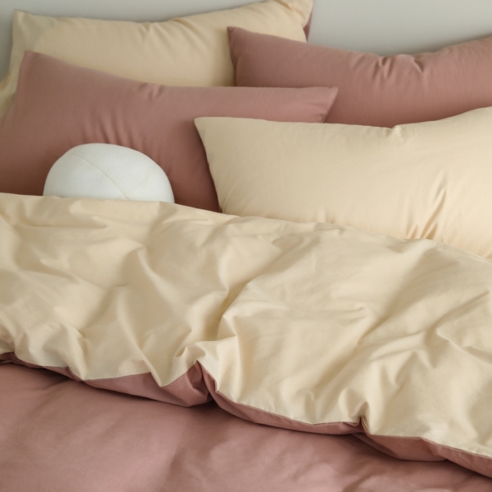 91家纺网 家纺一手货源 找家纺 寐眠 2021新款A类40支全棉撞色四件套 藕粉+奶茶