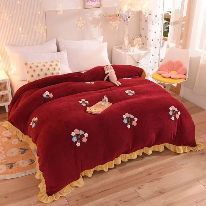 91家纺网 家纺一手货源 找家纺 甜之梦 2025新款毛巾绣牛奶绒单被套 满天星洋酒红