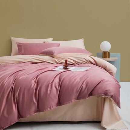 91家纺网 家纺一手货源 找家纺 顾家家居新款60长绒棉双拼全棉四件套纯棉纯色 海棠红+朝曦金