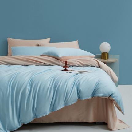 91家纺网 家纺一手货源 找家纺 顾家家居新款60长绒棉双拼全棉四件套纯棉纯色 星空蓝+朝曦金