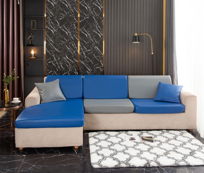 91家纺网 家纺一手货源 找家纺 兴妮雅家纺2021新款拼色皮沙发笠 宝蓝加浅灰