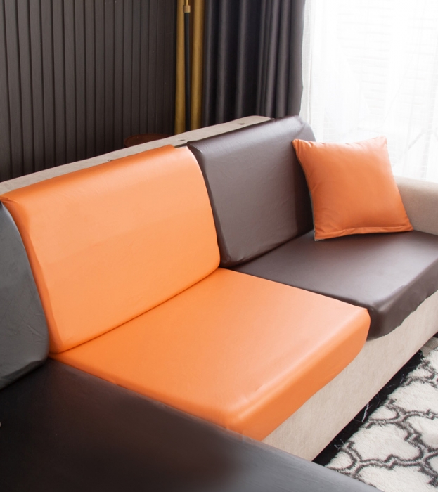 91家纺网 家纺一手货源 找家纺 兴妮雅家纺2021新款拼色皮沙发笠 黑色加桔色加咖啡