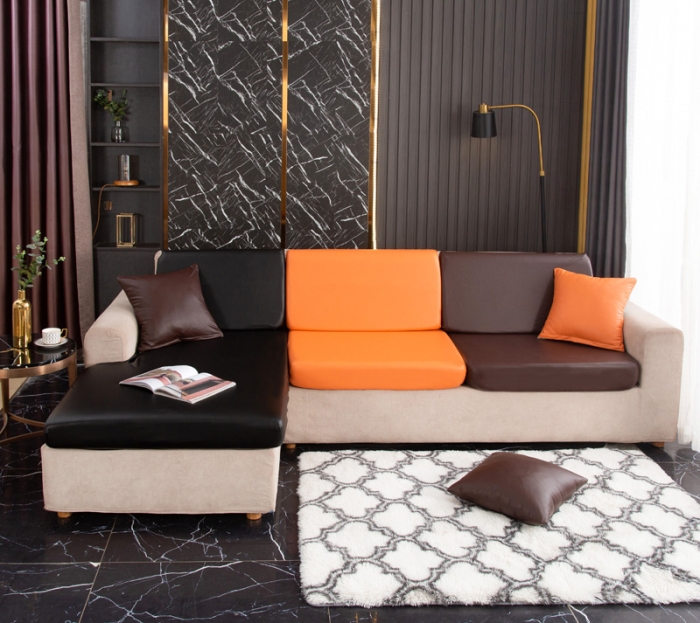 91家纺网 家纺一手货源 找家纺 兴妮雅家纺2021新款拼色皮沙发笠 黑色加桔色加咖啡