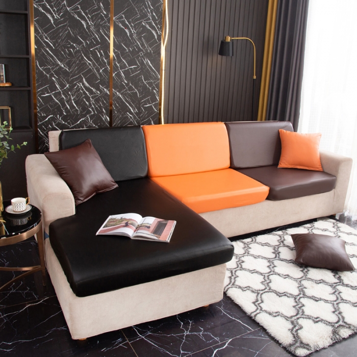 91家纺网 家纺一手货源 找家纺 兴妮雅家纺2021新款拼色皮沙发笠 黑色加桔色加咖啡
