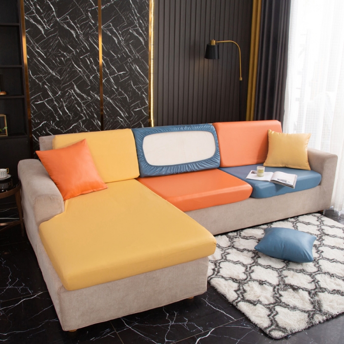 91家纺网 家纺一手货源 找家纺 兴妮雅家纺2021新款拼色皮沙发笠 黄色加桔色加雾蓝