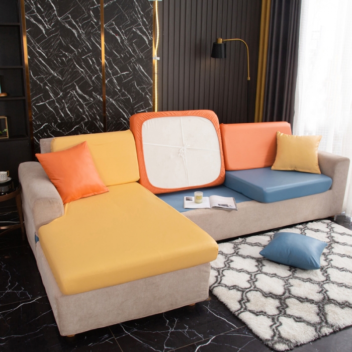91家纺网 家纺一手货源 找家纺 兴妮雅家纺2021新款拼色皮沙发笠 黄色加桔色加雾蓝