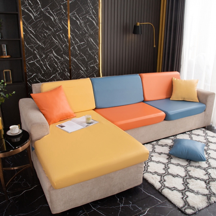 91家纺网 家纺一手货源 找家纺 兴妮雅家纺2021新款拼色皮沙发笠 黄色加桔色加雾蓝