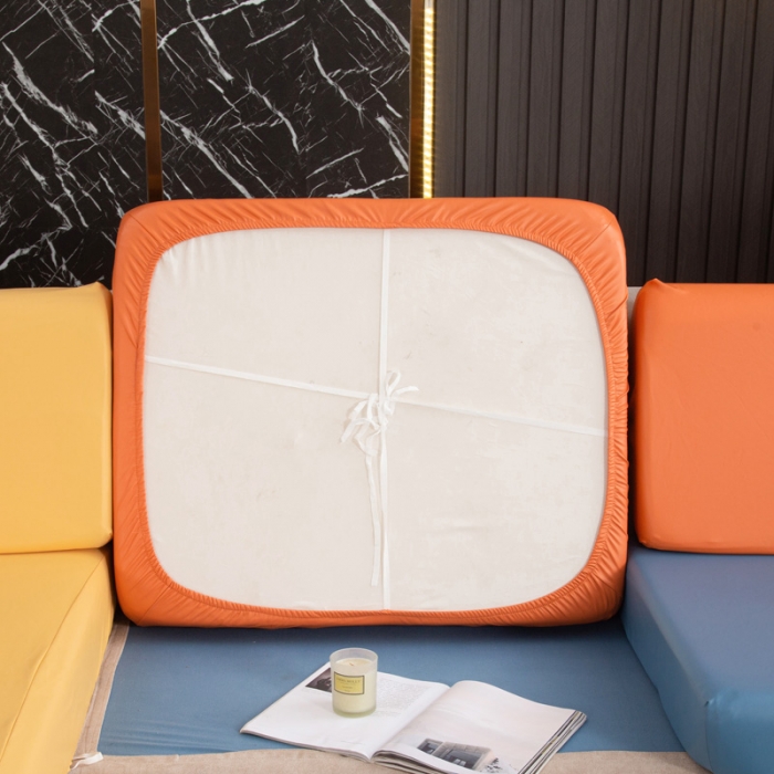 91家纺网 家纺一手货源 找家纺 兴妮雅家纺2021新款拼色皮沙发笠 黄色加桔色加雾蓝