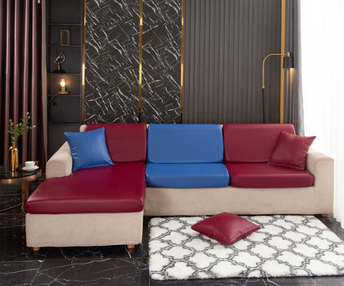 91家纺网 家纺一手货源 找家纺 兴妮雅家纺2021新款拼色皮沙发笠 酒红加宝蓝