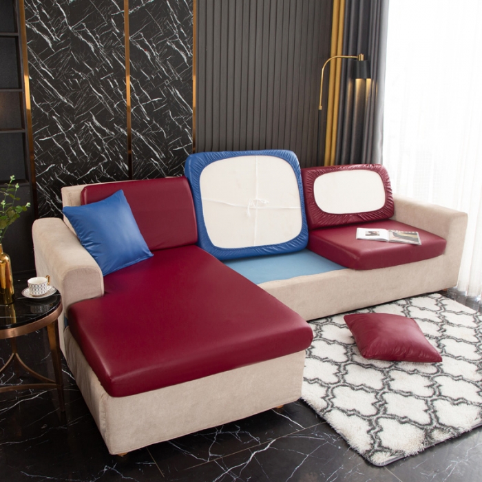 91家纺网 家纺一手货源 找家纺 兴妮雅家纺2021新款拼色皮沙发笠 酒红加宝蓝