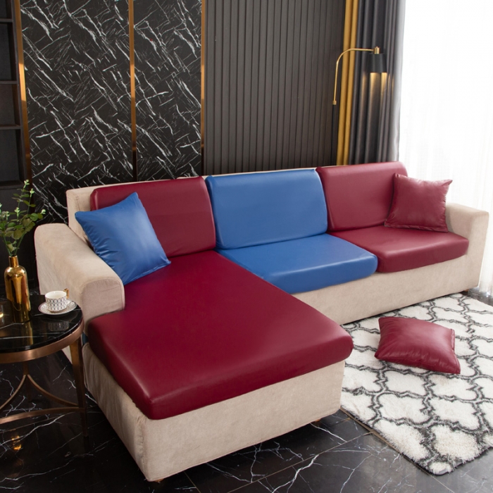 91家纺网 家纺一手货源 找家纺 兴妮雅家纺2021新款拼色皮沙发笠 酒红加宝蓝