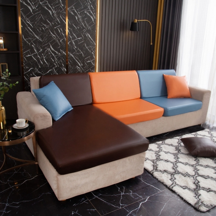 91家纺网 家纺一手货源 找家纺 兴妮雅家纺2021新款拼色皮沙发笠 咖啡加橘色加雾蓝