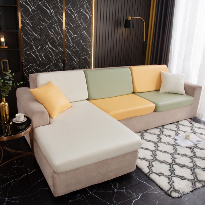 91家纺网 家纺一手货源 找家纺 兴妮雅家纺2021新款拼色皮沙发笠 米色加黄色加嫩绿