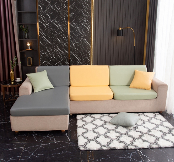 91家纺网 家纺一手货源 找家纺 兴妮雅家纺2021新款拼色皮沙发笠 深灰加黄色加嫩绿