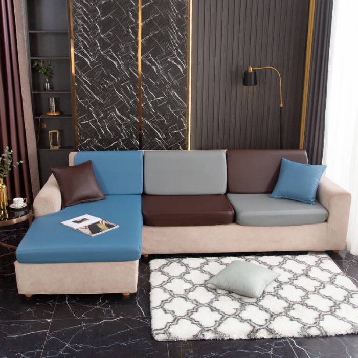 91家纺网 家纺一手货源 找家纺 兴妮雅家纺2021新款拼色皮沙发笠 雾蓝加浅灰加咖啡
