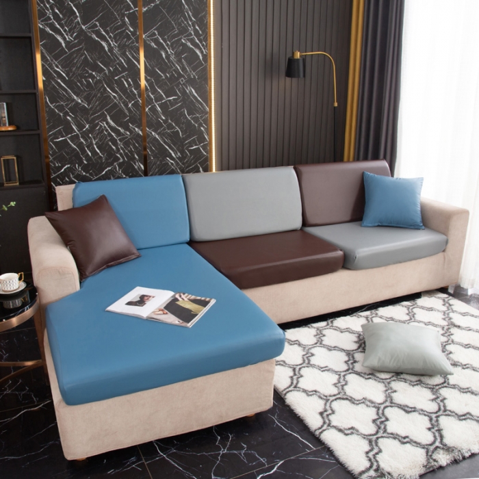 91家纺网 家纺一手货源 找家纺 兴妮雅家纺2021新款拼色皮沙发笠 雾蓝加浅灰加咖啡