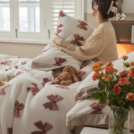 91家纺网 家纺一手货源 找家纺 澳梵家居 2021新款ins网红小颗粒羊羔绒牛奶绒绒四件套 蝴蝶结