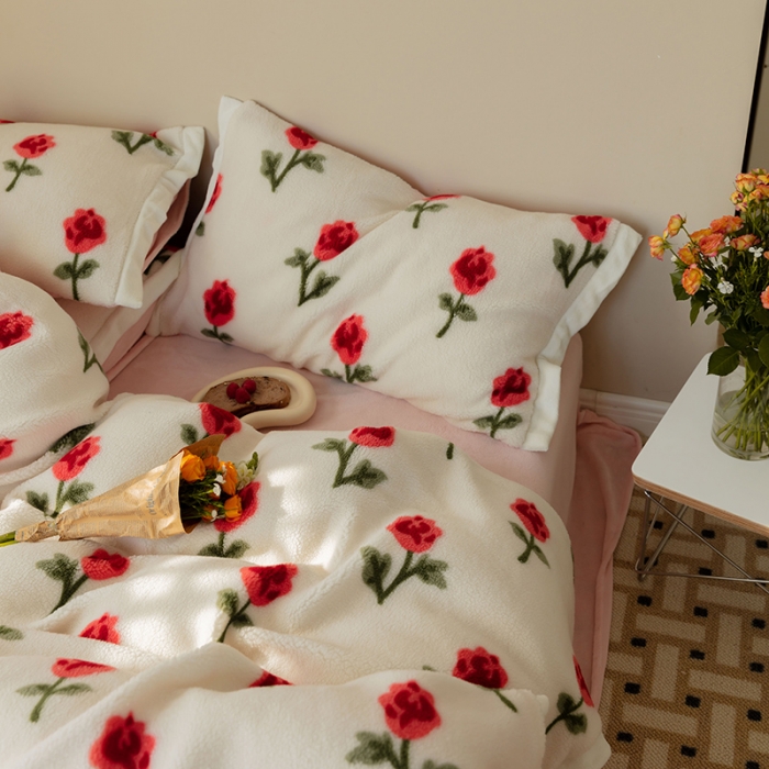 91家纺网 家纺一手货源 找家纺 澳梵家居 2021新款ins网红小颗粒羊羔绒牛奶绒绒四件套 清晨玫瑰